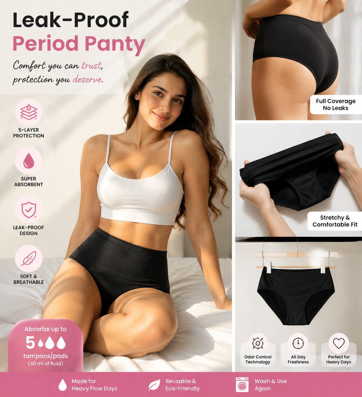 🌸 Pack of 2 Women's Leak-Proof Period Panties | Soft, Breathable & Reusable